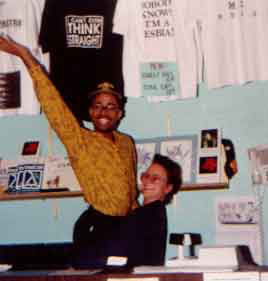 Picture taken at the real-life LGBT bookstore Middleground. I'm lifting one of my clerks in the air.